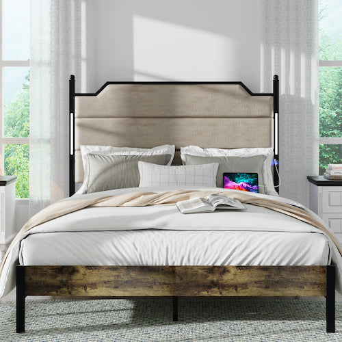 Queen Size Bed Frame With Upholstered Headboard , Queen Bed Frame With Charging Station And LED Lights, Wood Slats, Easy Assembly,No Box Spring Needed,Industrial Brown