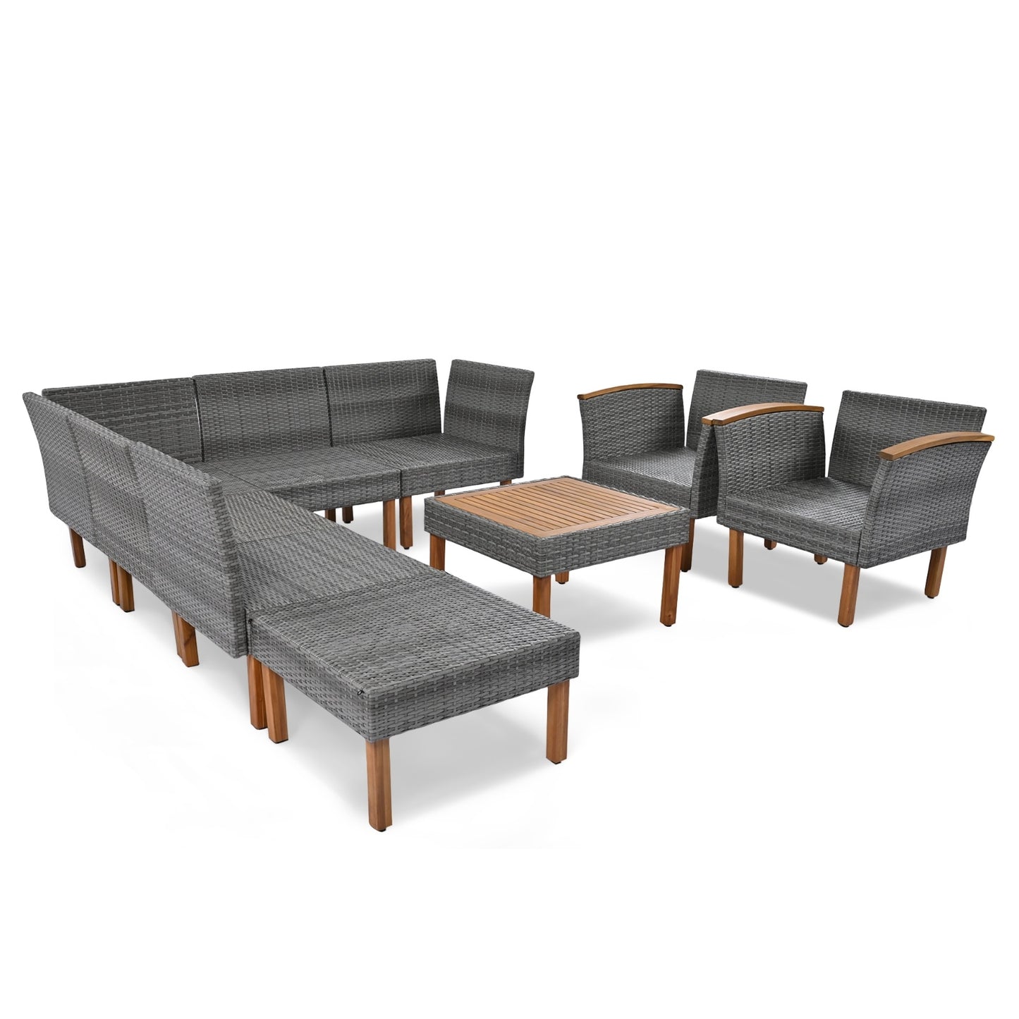 9-Piece Patio Rattan Set With Acacia Wood Legs & Tabletop, Outdoor Conversation