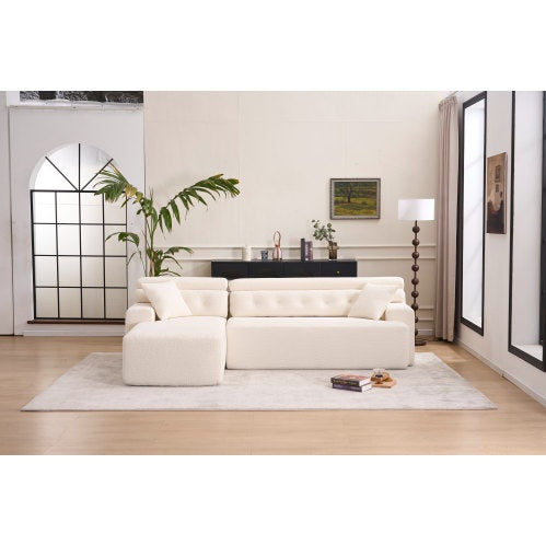 LY-029B WHITE COMPRESSION SOFA Combining Chaise Longue With 3-seater Wood Grain Chenille Fabric, Full Sponge Compression Sofa,combined Sofa With 2 Pillows For Living Home Furniture