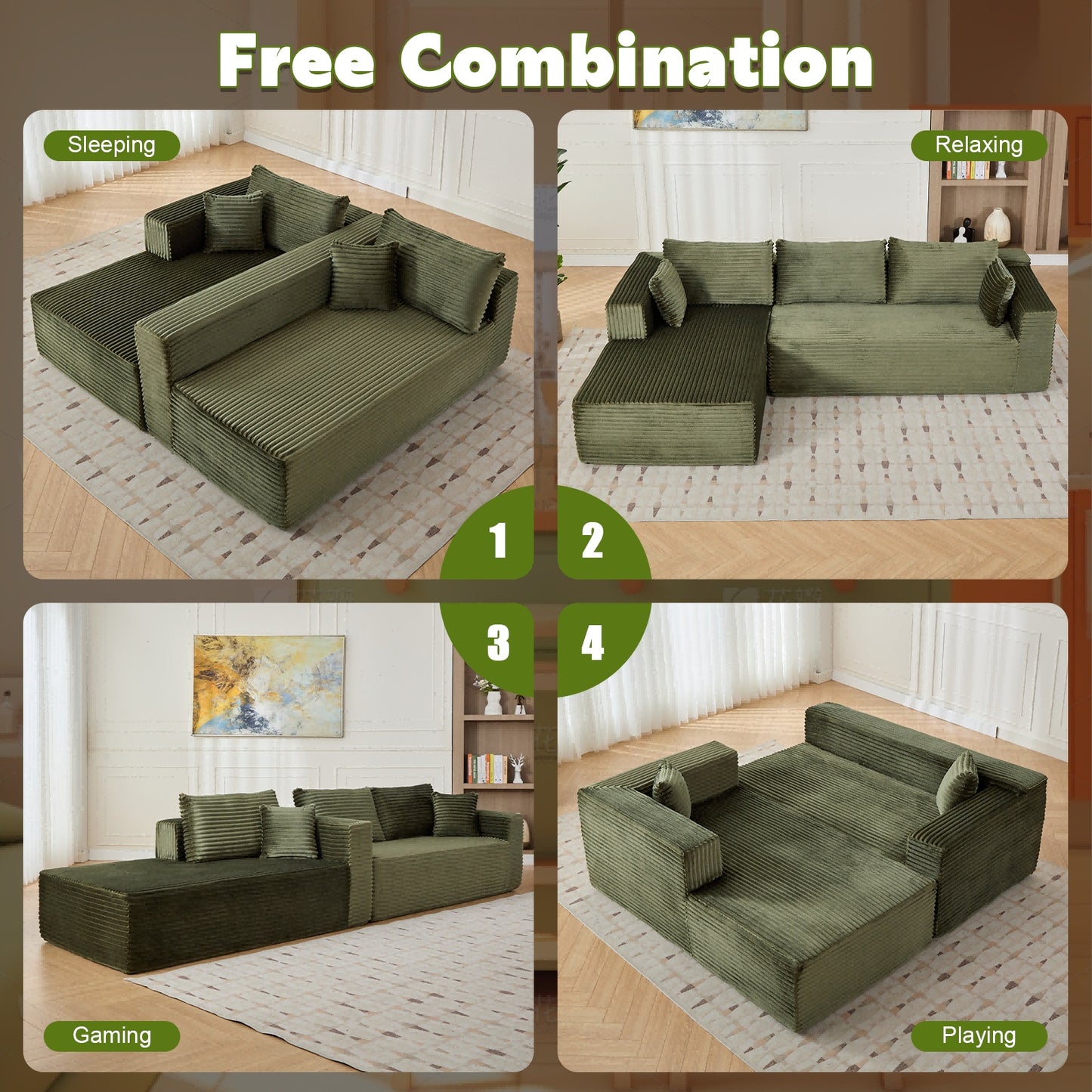 L-Shaped Compression Sofa Bed With Corduroy Fabric - Convertible Sectional Sofa, Foldable Floor Couch Sleeper, Space-Saving Flannel-Like Lounge For Small Apartments, Living Room & Game Room NO TUME