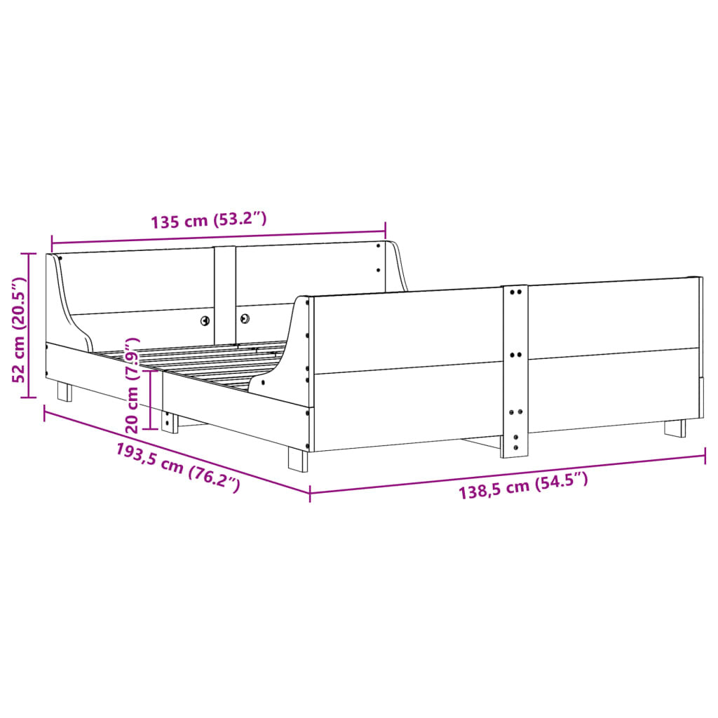 vidaXL Cadru de pat fără saltea, alb, 135x190 cm, lemn masiv de pin