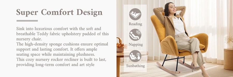 35.5 inch Rocking Chair with Pocket, Soft Teddy Fabric Rocking Chair for Nursery, Comfy Wingback Glider Rocker with Safe Solid Wood Base for Living Ro