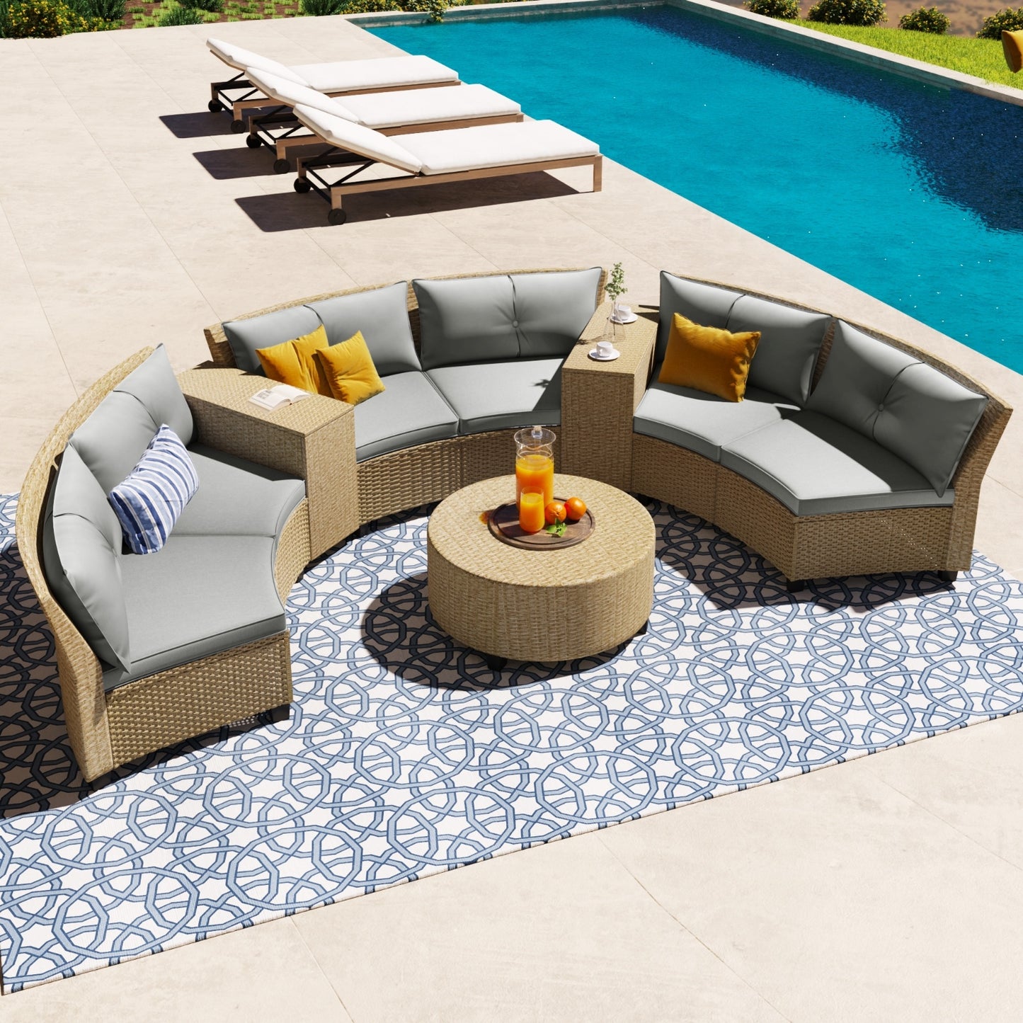 U Style 6-Person Fan-Shaped Rattan Set With Cushions Table