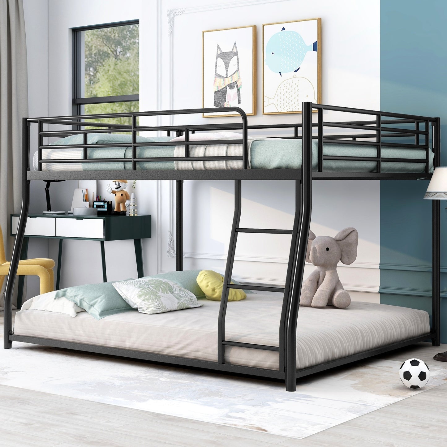 Metal Floor Bunk Bed, Full XL Over Queen, Black