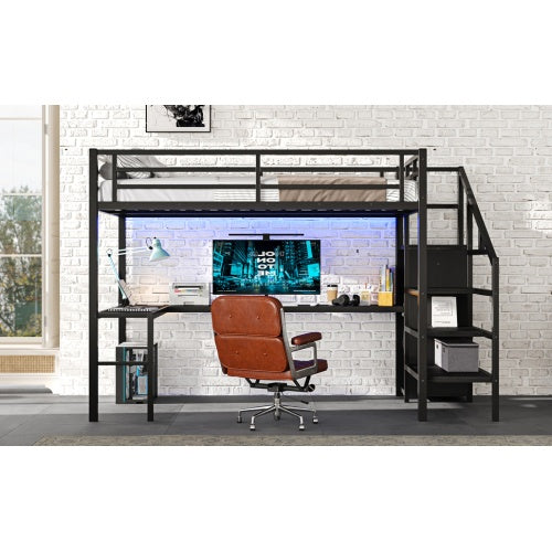 Full Size Loft Bed With L-shaped Desk And USB, Metal Loft Bed With Wardrobe And Adjustable Shelf, High Loft Bed With LED For Kids Teens Adults, Black