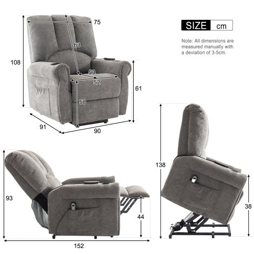 Electric Lift Grey Senior Chair - Single Motor, Heated Massage, Stand Assist, Storage Pockets, Cup Holders