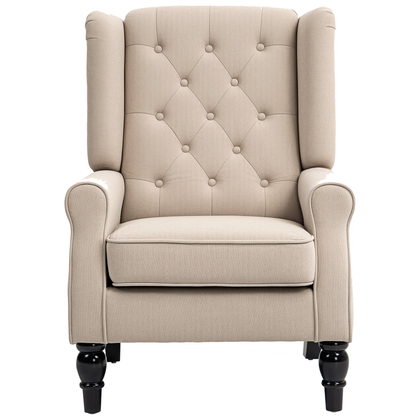 Wingback Accent Chair For Living Room, Button-Tufted Lounge Chair With Round Armrests And Wood Legs, Beige