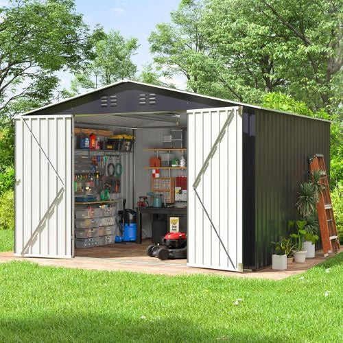 Outdoor Sheds 8FT X 10FT Outdoor Storage Clearance, Metal Anti-Corrosion Utility Tool House With Lockable Door & Shutter Vents, Waterproof Storage Garden Shed For Lawn Patio