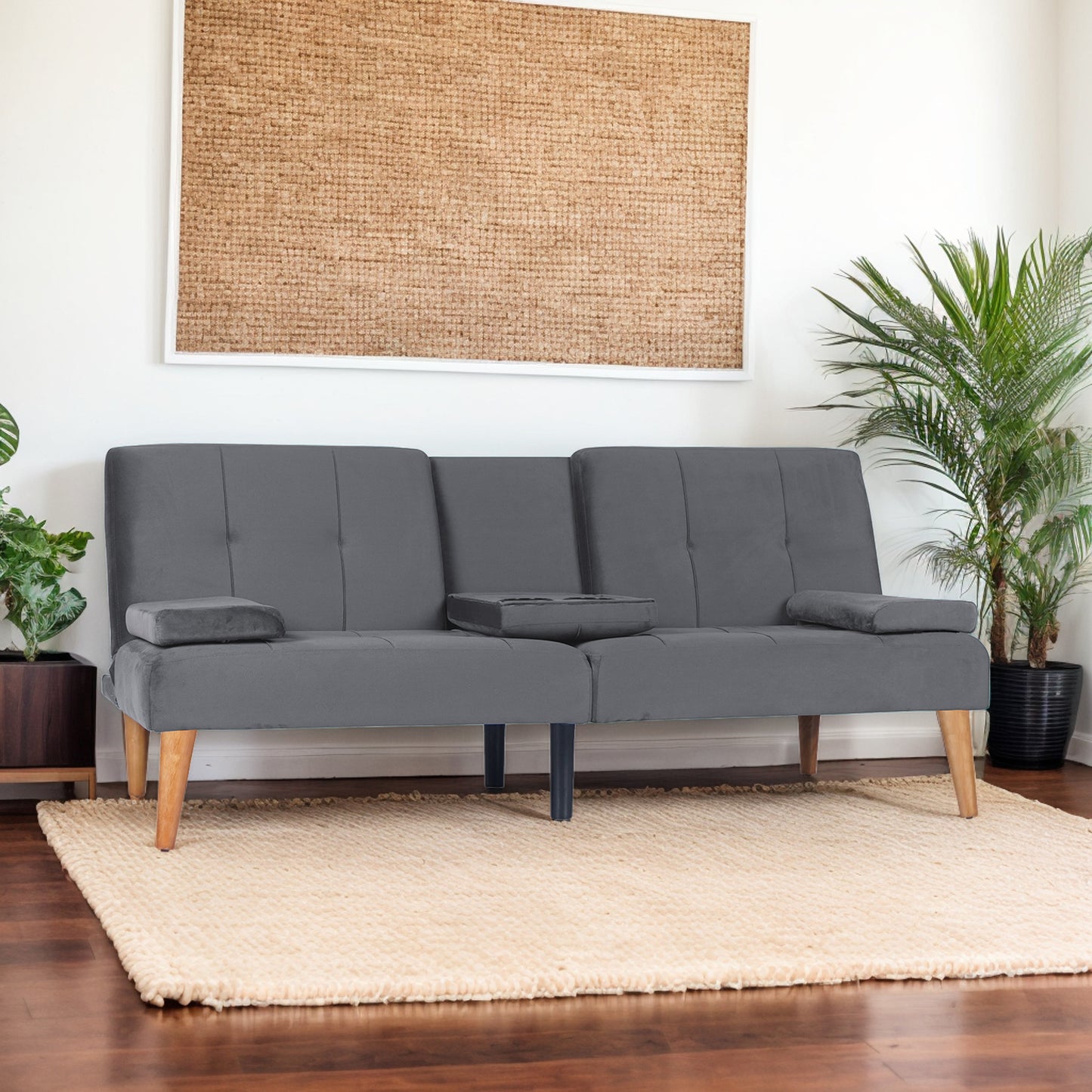Modern Velvet Upholstered Futon Sofa Bed With 2 Cup Holders For Living Room