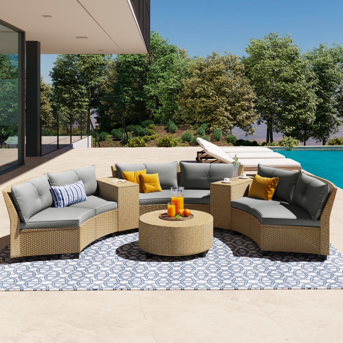 U Style 6-Person Fan-Shaped Rattan Set With Cushions Table