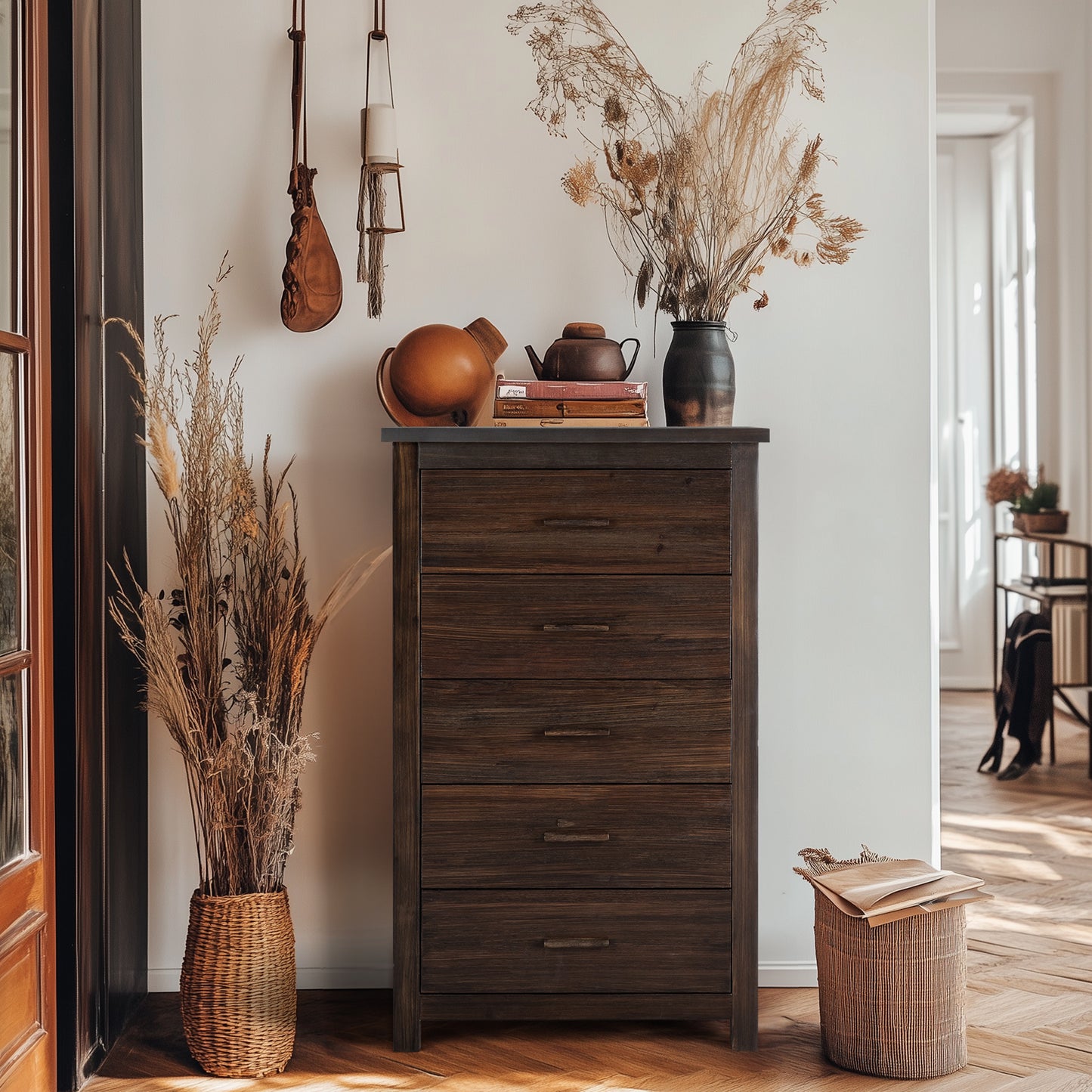 Brown Density Board With Solid Wood Veneer, Five Drawers In Vertical Arrangement, Drawer Cabinet