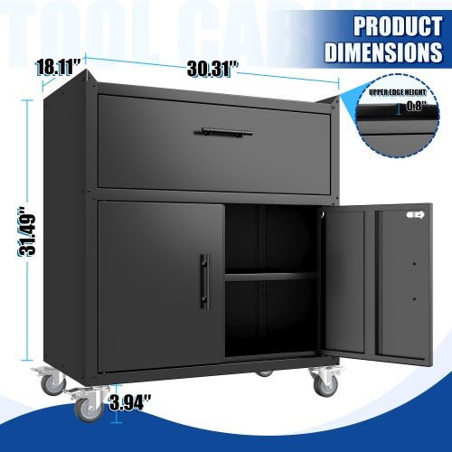 2 Door X 1 Drawer Tool Cabinets For Garage, Lockable Garage Storage Cabinet, Locking Metal Storage Cabinet With Wheels, Rolling Tool Chest, Assembly Required H35.4  W30.3xD18