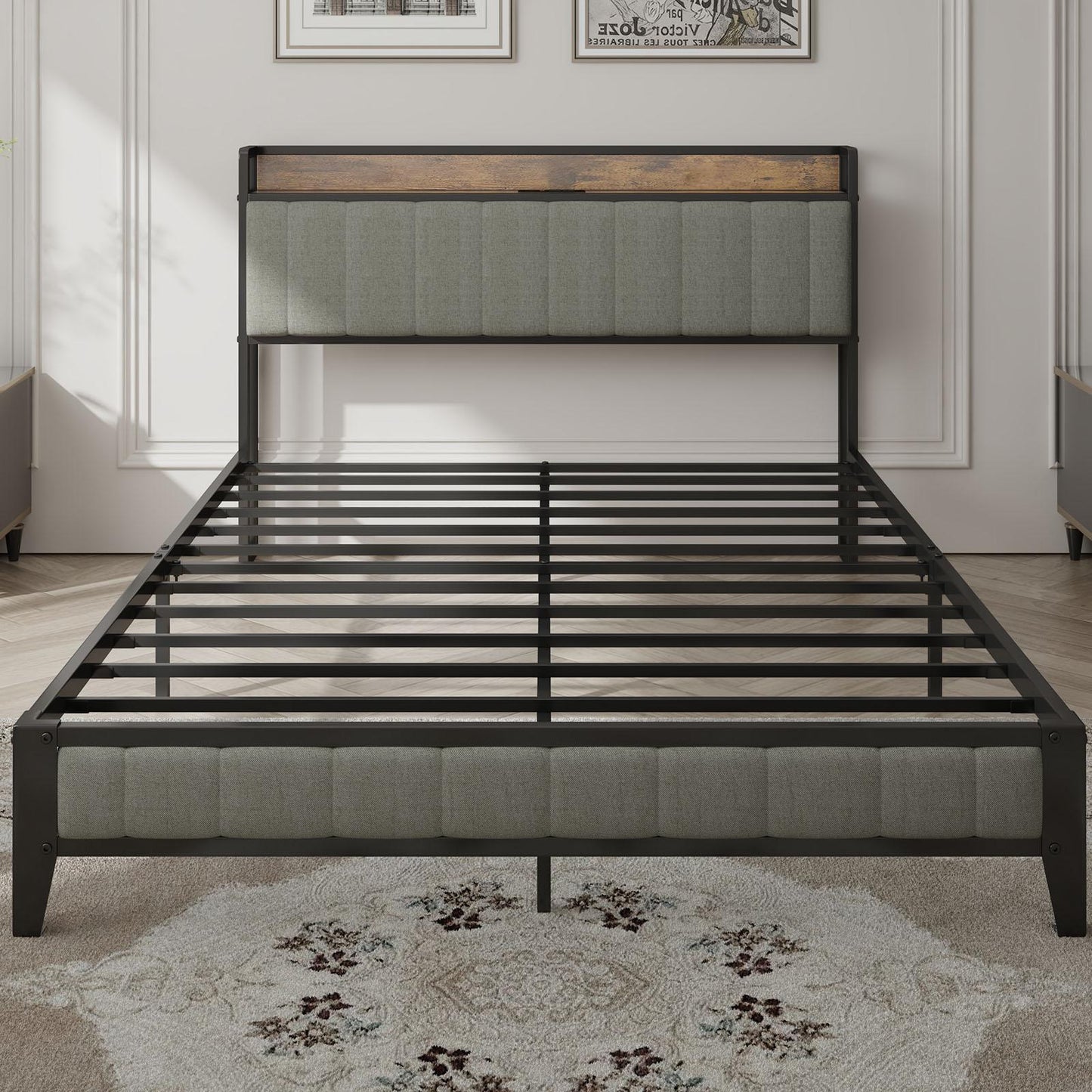 Queen-Size,Full metal bed frame with charging port at the head of the bed.