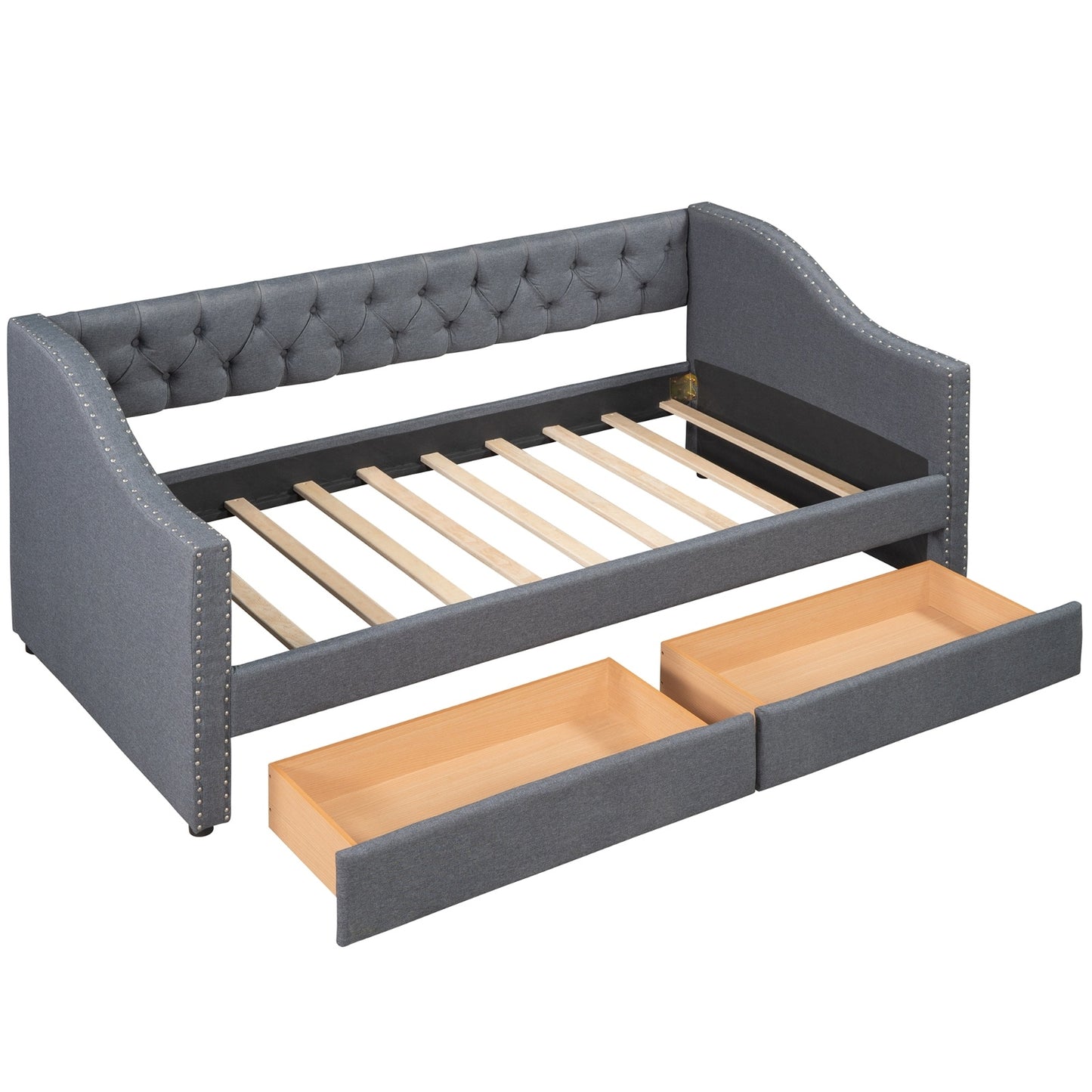 Twin Size Upholstered Daybed With 2 Drawers, Wood Slat Support, Gray