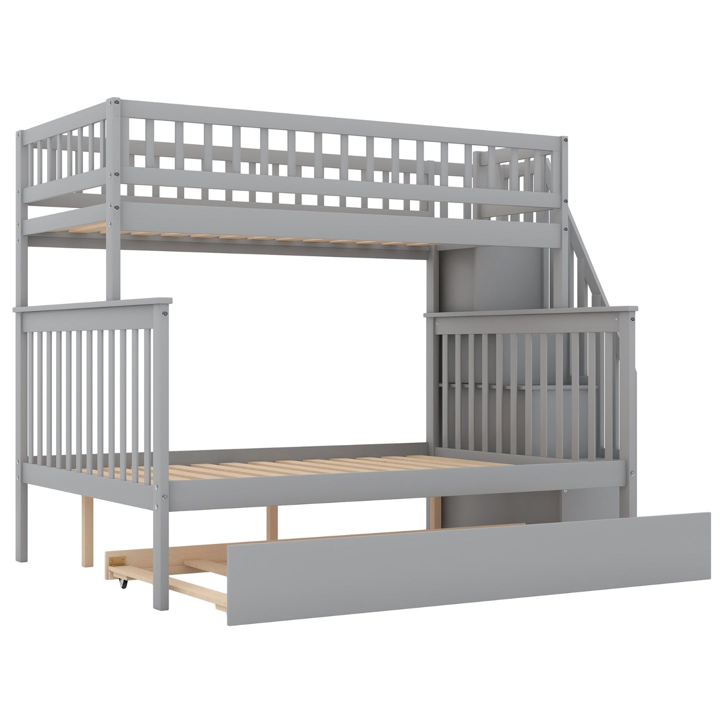 Twin Over Full Bunk Bed With Trundle And Staircase,Gray
