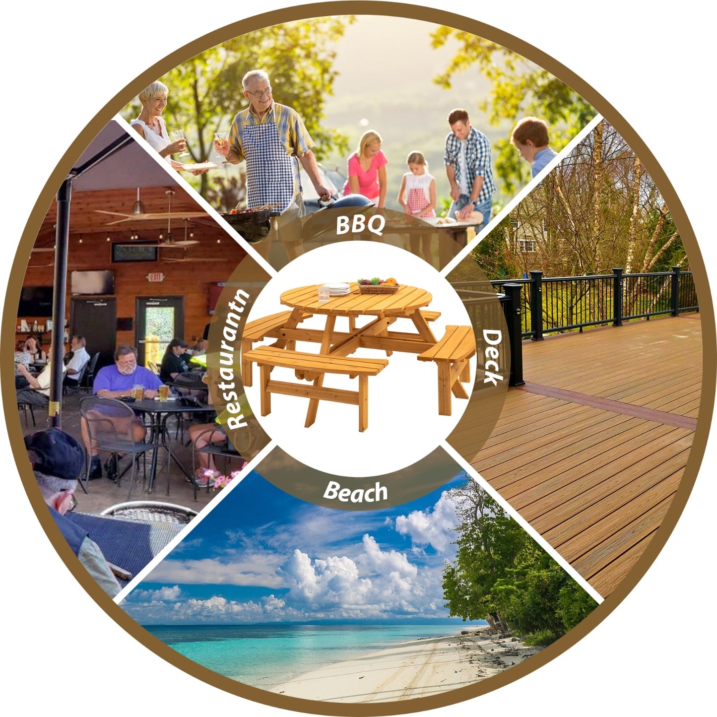 8 Person Wooden Picnic Table Outdoor Camping With 4 Built-in Benches