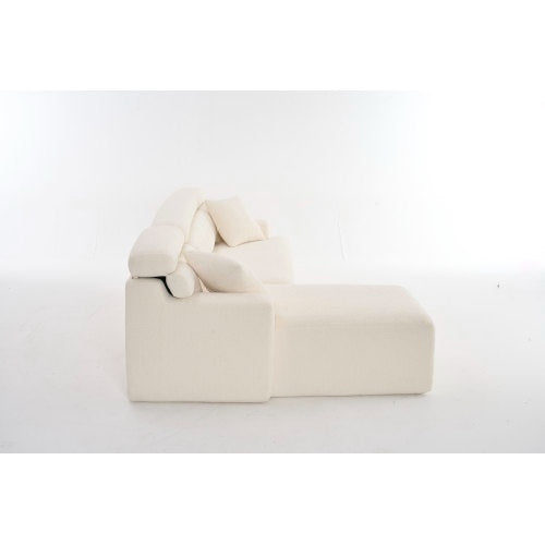 LY-029B WHITE COMPRESSION SOFA Combining Chaise Longue With 3-seater Wood Grain Chenille Fabric, Full Sponge Compression Sofa,combined Sofa With 2 Pillows For Living Home Furniture
