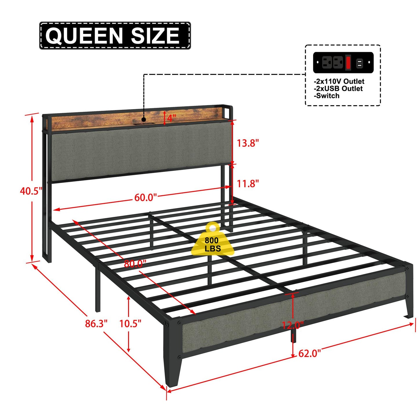 Queen-Size,Full metal bed frame with charging port at the head of the bed.