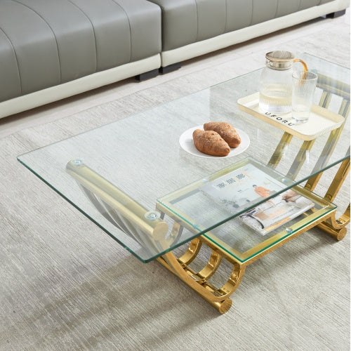 47 Rectangle Modern Stainless Steel Coffee Table, Double-Layer Clear Tempered Glass Coffee Table, Center Table Table With Storage, For Living Room Home Office, Easy Assembly, Gold