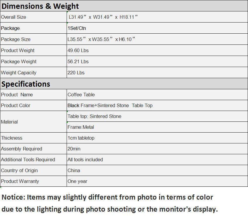 Minimalism Square coffee table,Black metal frame with sintered stone tabletop