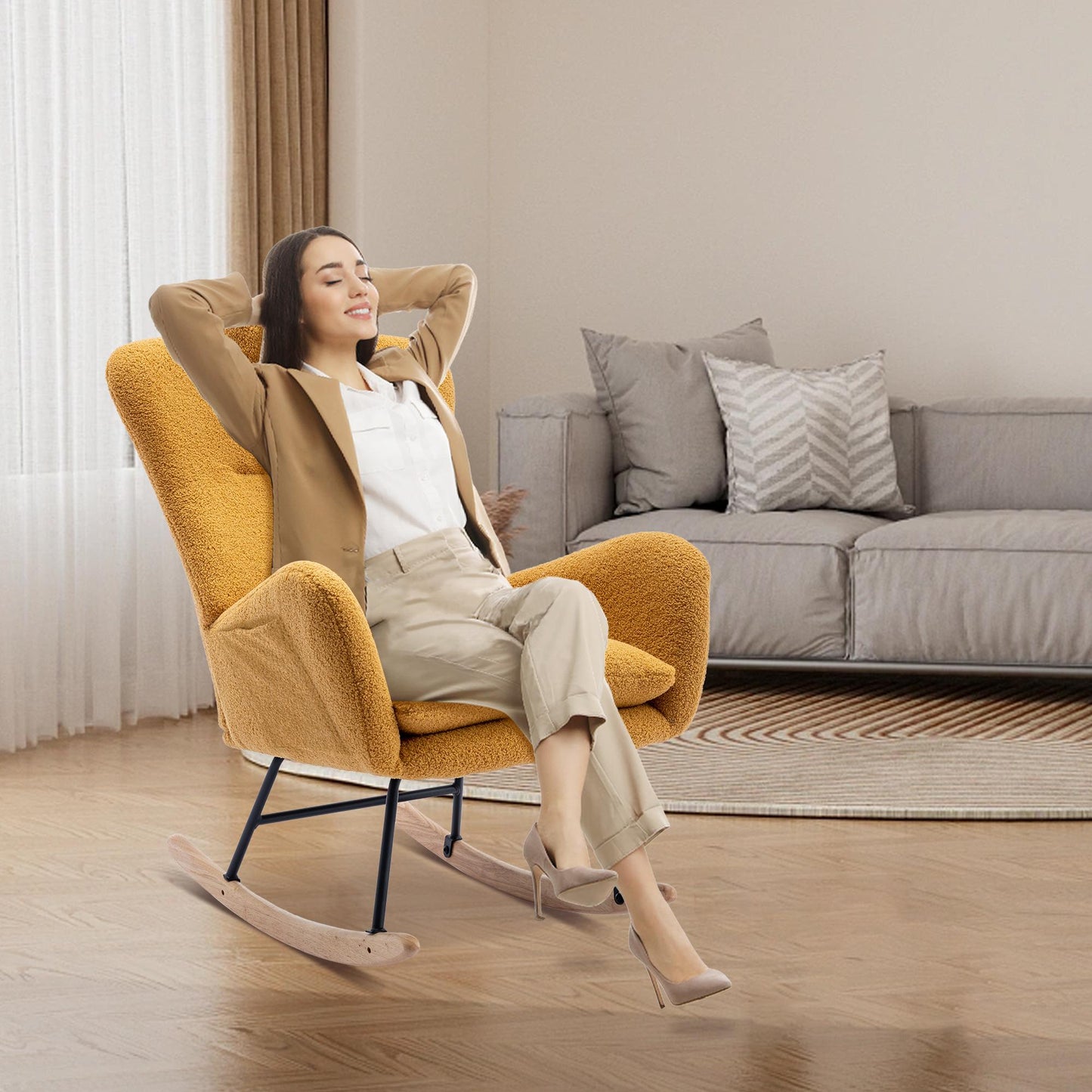 35.5 inch Rocking Chair with Pocket, Soft Teddy Fabric Rocking Chair for Nursery, Comfy Wingback Glider Rocker with Safe Solid Wood Base for Living Ro