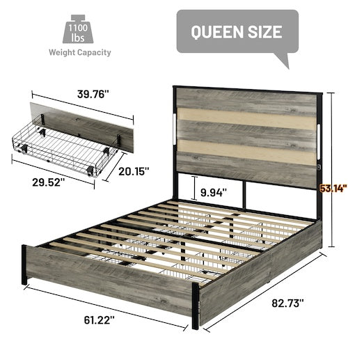 Queen Size Bed Frame With Headboard And 4 Storage Drawers , Queen Bed Frame With Charging Station And LED Lights, Wood Slats, Easy Assembly,No Box Spring Needed,Industrial Gray