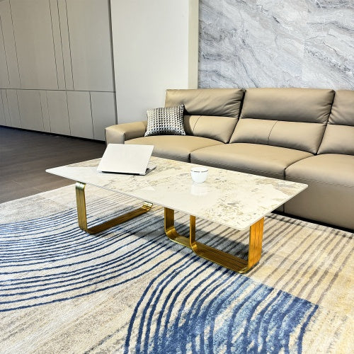 Modern Rectangular Coffee Table With Sintered Stone Top, Gold Metal Frame, For Living Room