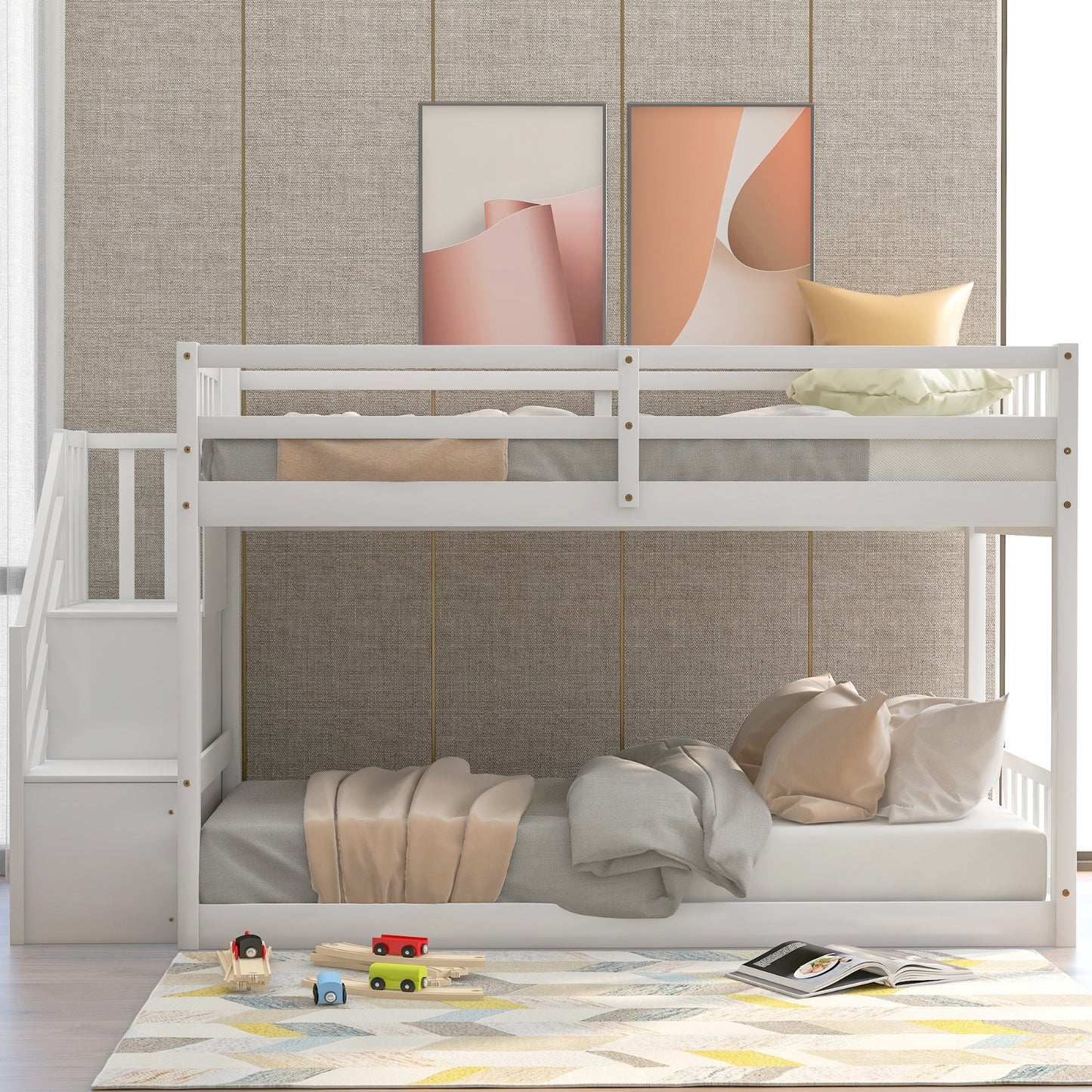 Twin Over Twin Floor Bunk Bed, Ladder With Storage, White
