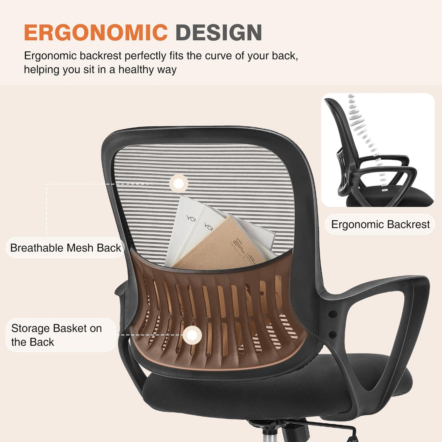 Ergonomic Office Home Desk Mesh Fixed Armrest