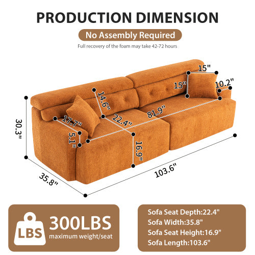LY-029 ORANGE COMPRESSION SOFA 4-seater Combined Sofa, Wood Grain Chenille Fabric, Full Sponge Compression Sofa,combined Sofa With 2 Pillows For Living Home Furniture Apartment