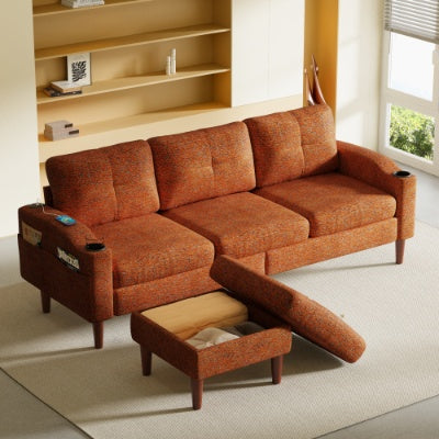 Convertible Combination Sofa Sofa L Shaped Sofa With Footstools With Storage,Orange Sofa For Living Room, Living Room Bedroom Office Small Space 3 Seater Combination Sofa