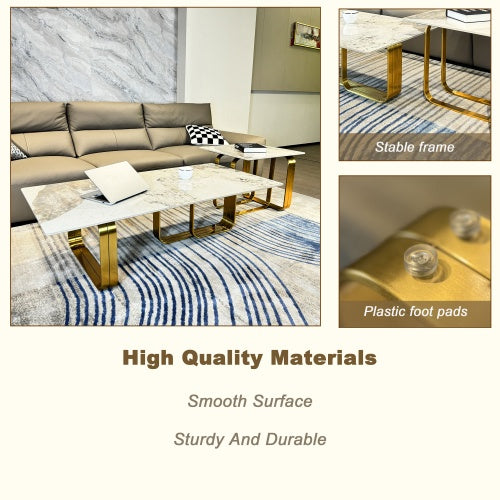 Modern Rectangular Coffee Table With Sintered Stone Top, Gold Metal Frame, For Living Room