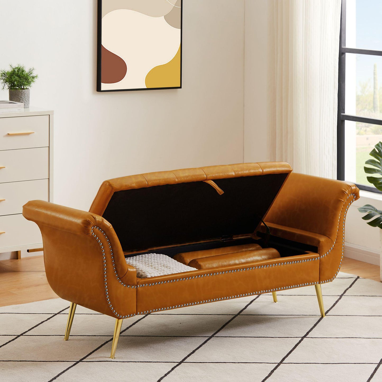 Sitting Bench PU Leather with Storage Space and 2 Pillows Hardware Feet