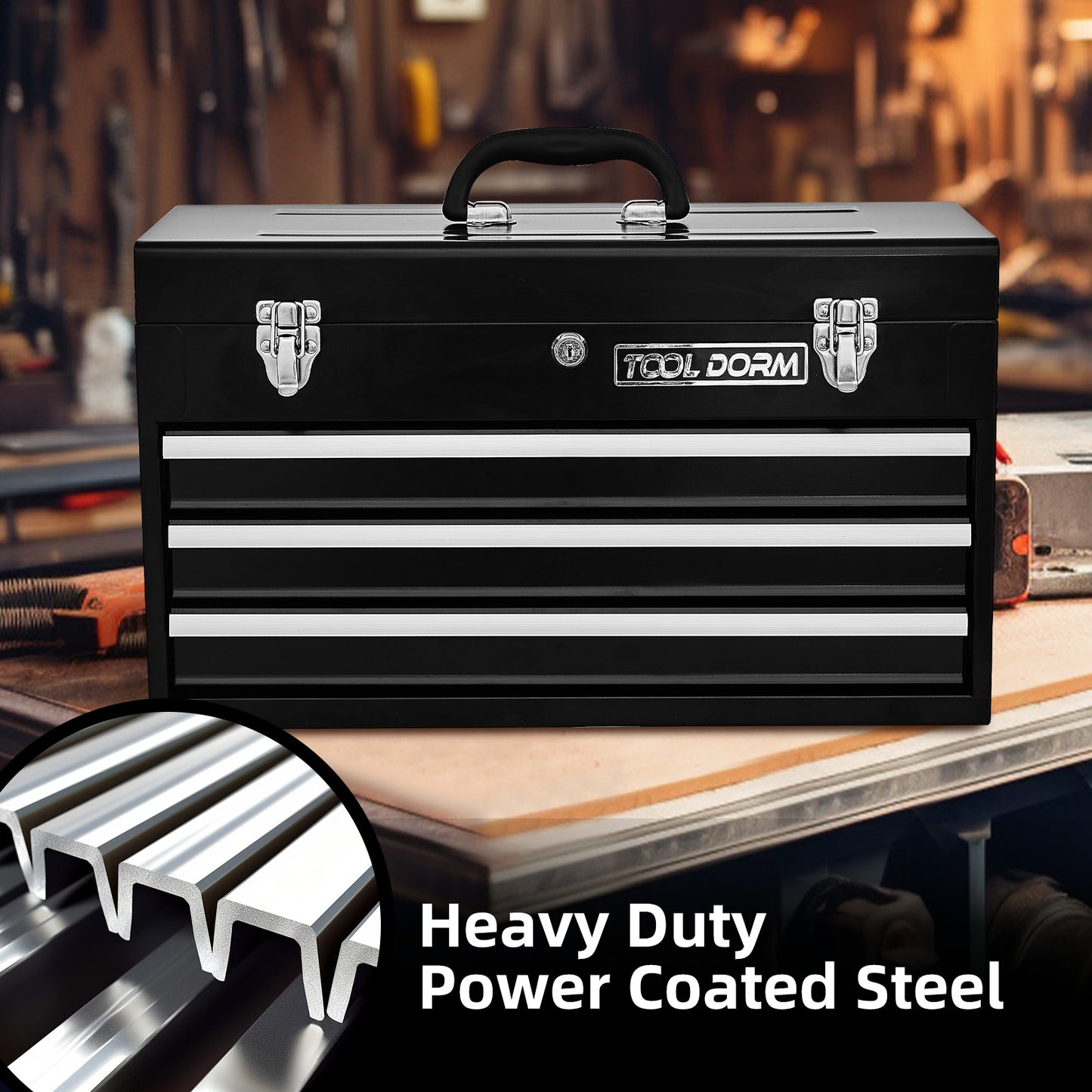 20.3inch Metal Tool Box With 2-4 Drawers Portable Steel Tool Chest With Metal Cylinder Lock And Latch Closure, Black And Red Two Color Powder Coating, Suitable For Garage, Warehouse