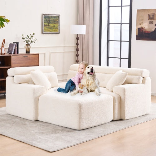 LY-029B WHITE COMPRESSION SOFA Combining Chaise Longue With 3-seater Wood Grain Chenille Fabric, Full Sponge Compression Sofa,combined Sofa With 2 Pillows For Living Home Furniture