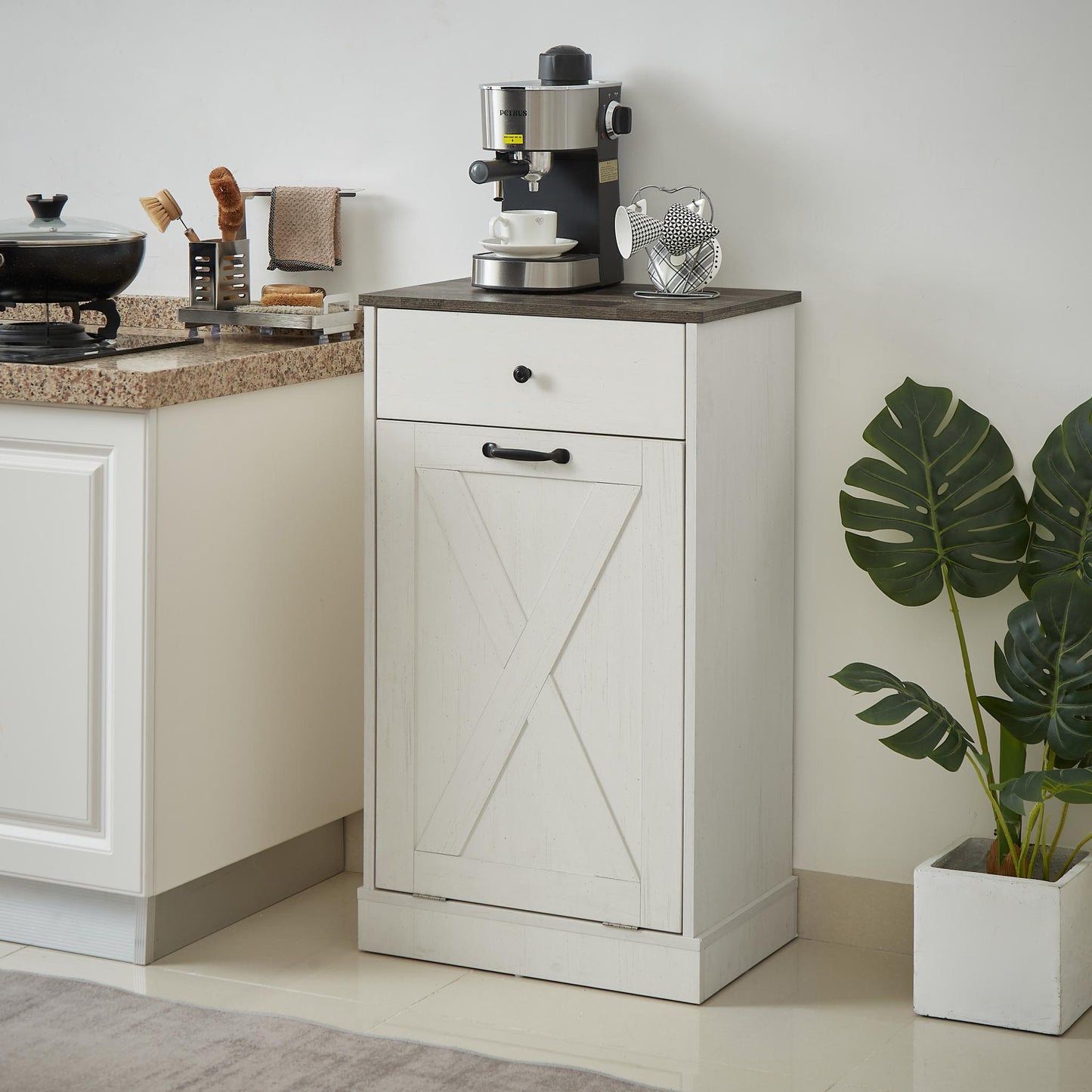 Tilt Out Trash Can Cabinet,Freestanding Wood Recycling Trash Cabinet with Drawer