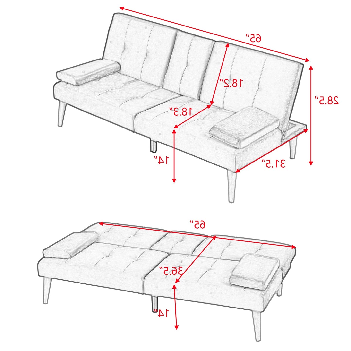 Modern Velvet Upholstered Futon Sofa Bed With 2 Cup Holders For Living Room