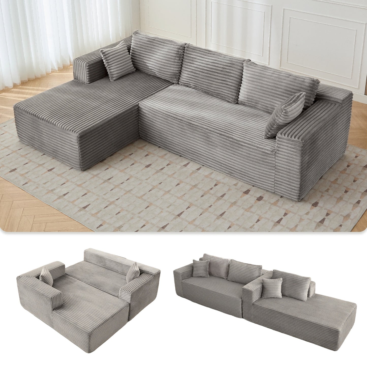 L-Shaped Compression Sofa Bed With Corduroy Fabric - Convertible Sectional Sofa, Foldable Floor Couch Sleeper, Space-Saving Flannel-Like Lounge For Small Apartments, Living Room & Game Room NO TUME