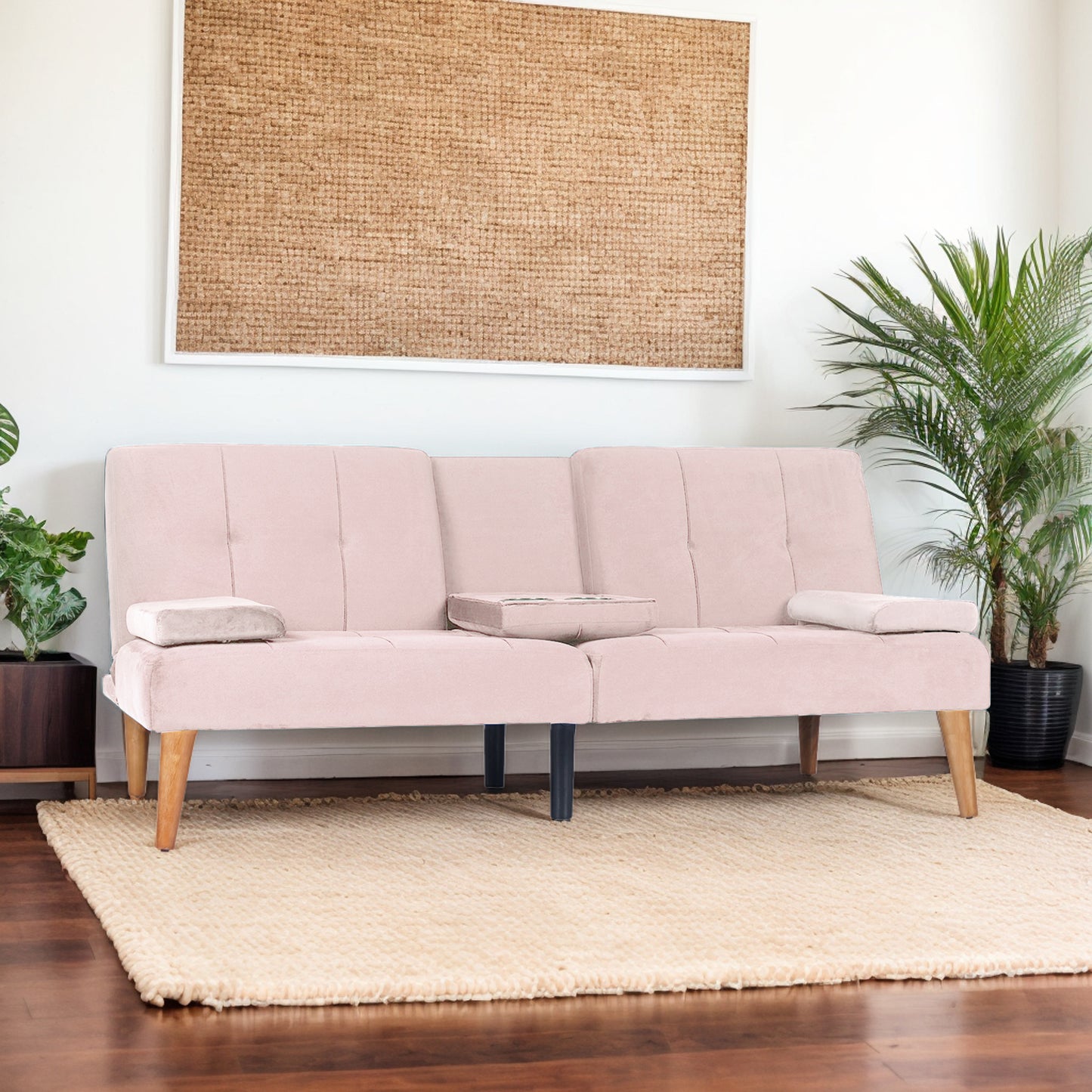 Modern Velvet Upholstered Futon Sofa Bed With 2 Cup Holders For Living Room