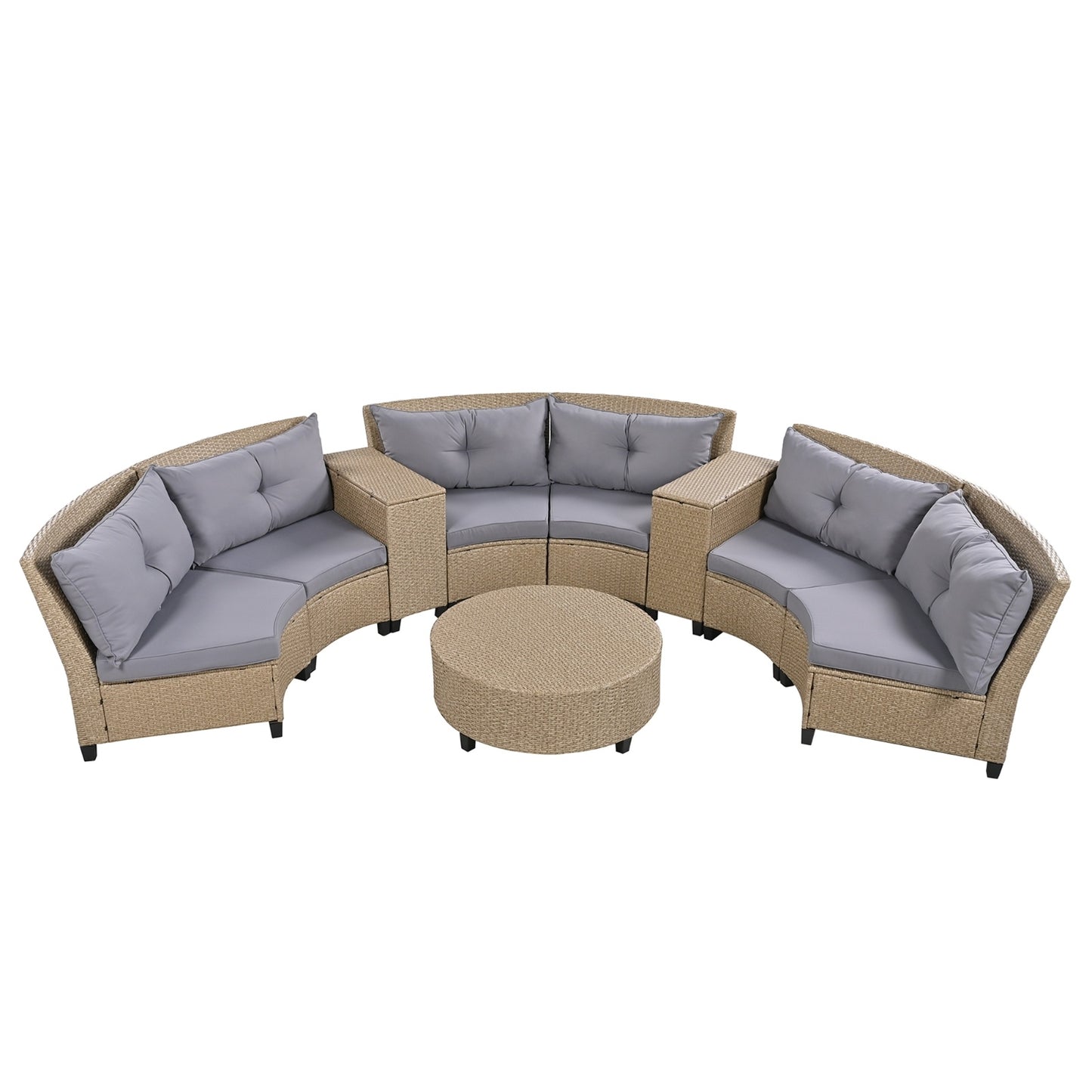 U Style 6-Person Fan-Shaped Rattan Set With Cushions Table