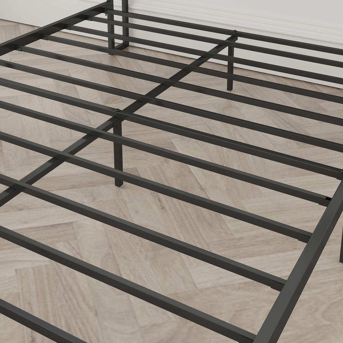 Queen-Size,Full metal bed frame with charging port at the head of the bed.