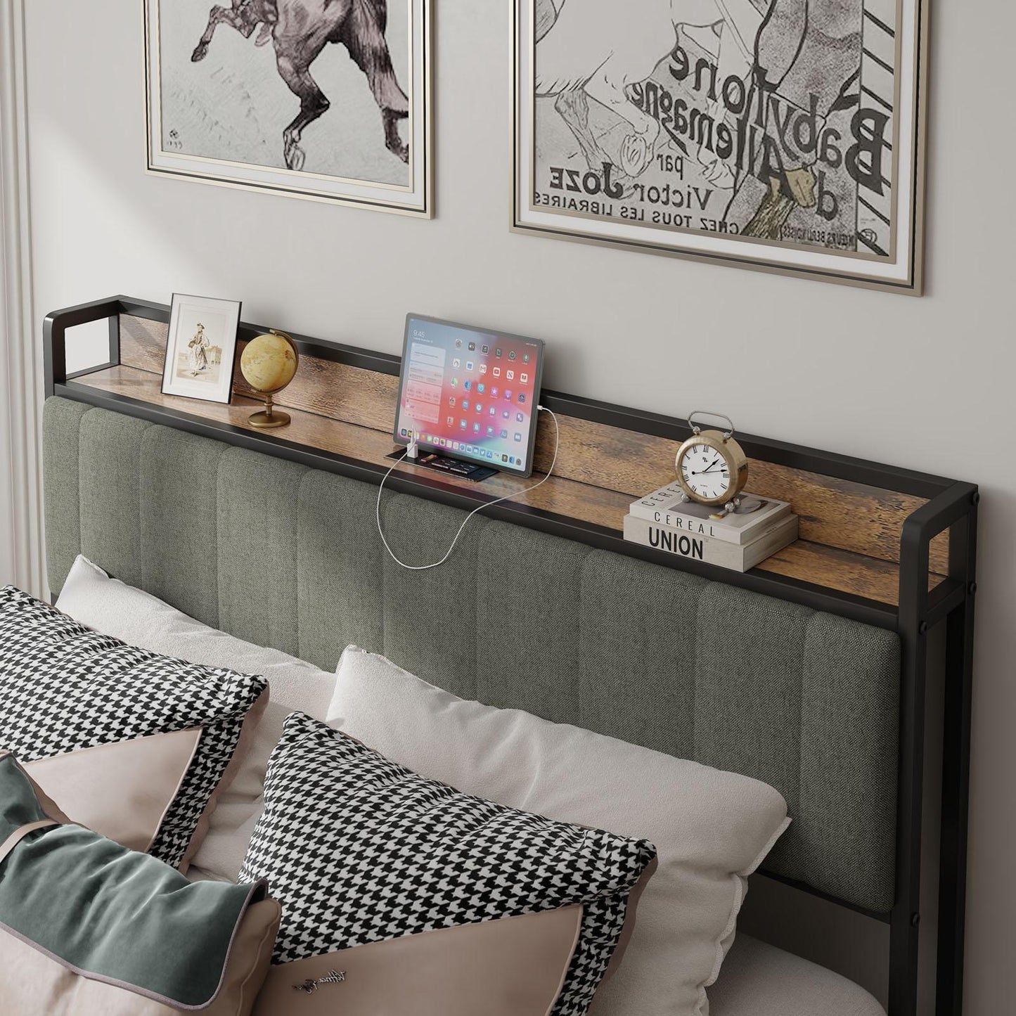 Queen-Size,Full metal bed frame with charging port at the head of the bed.