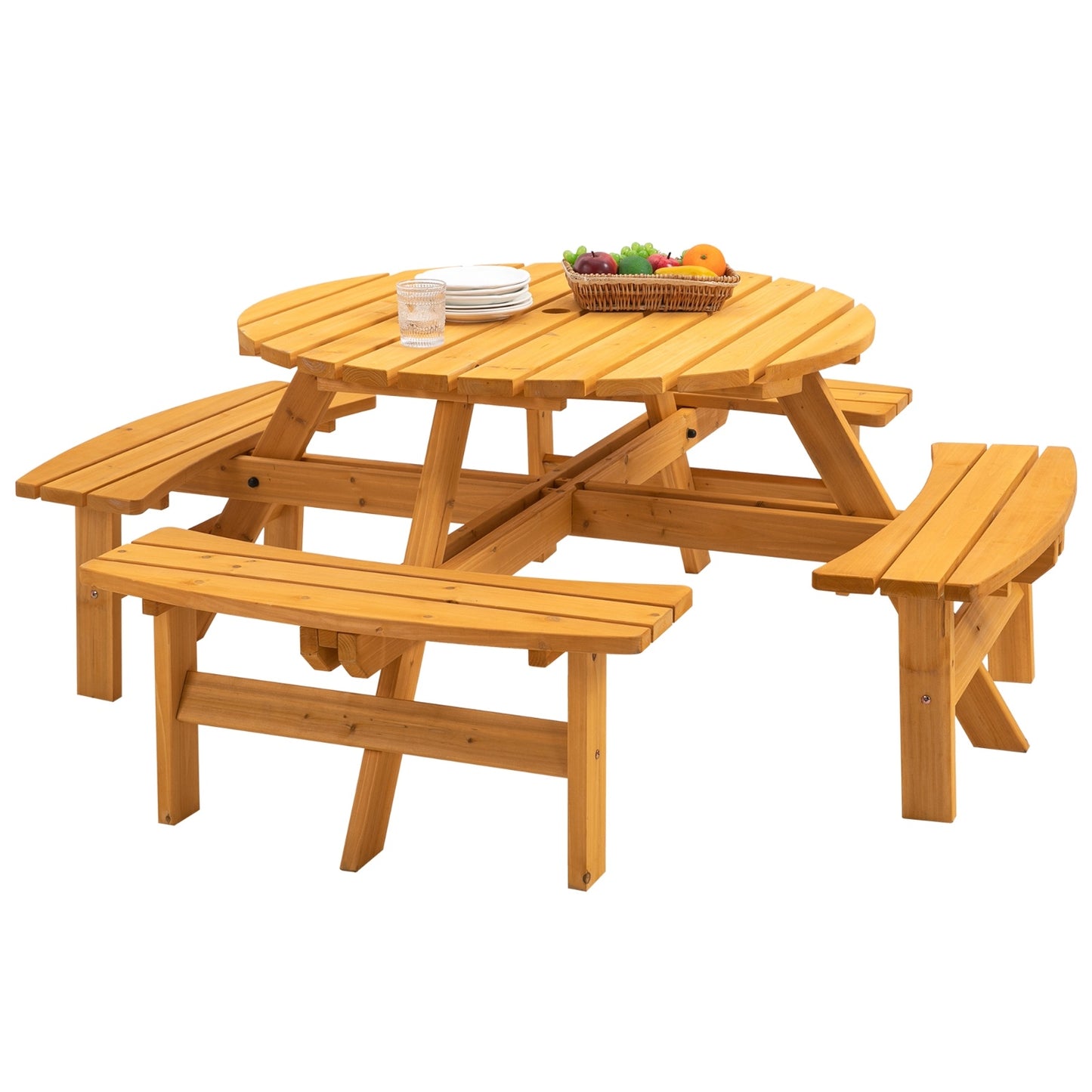 8 Person Wooden Picnic Table Outdoor Camping With 4 Built-in Benches