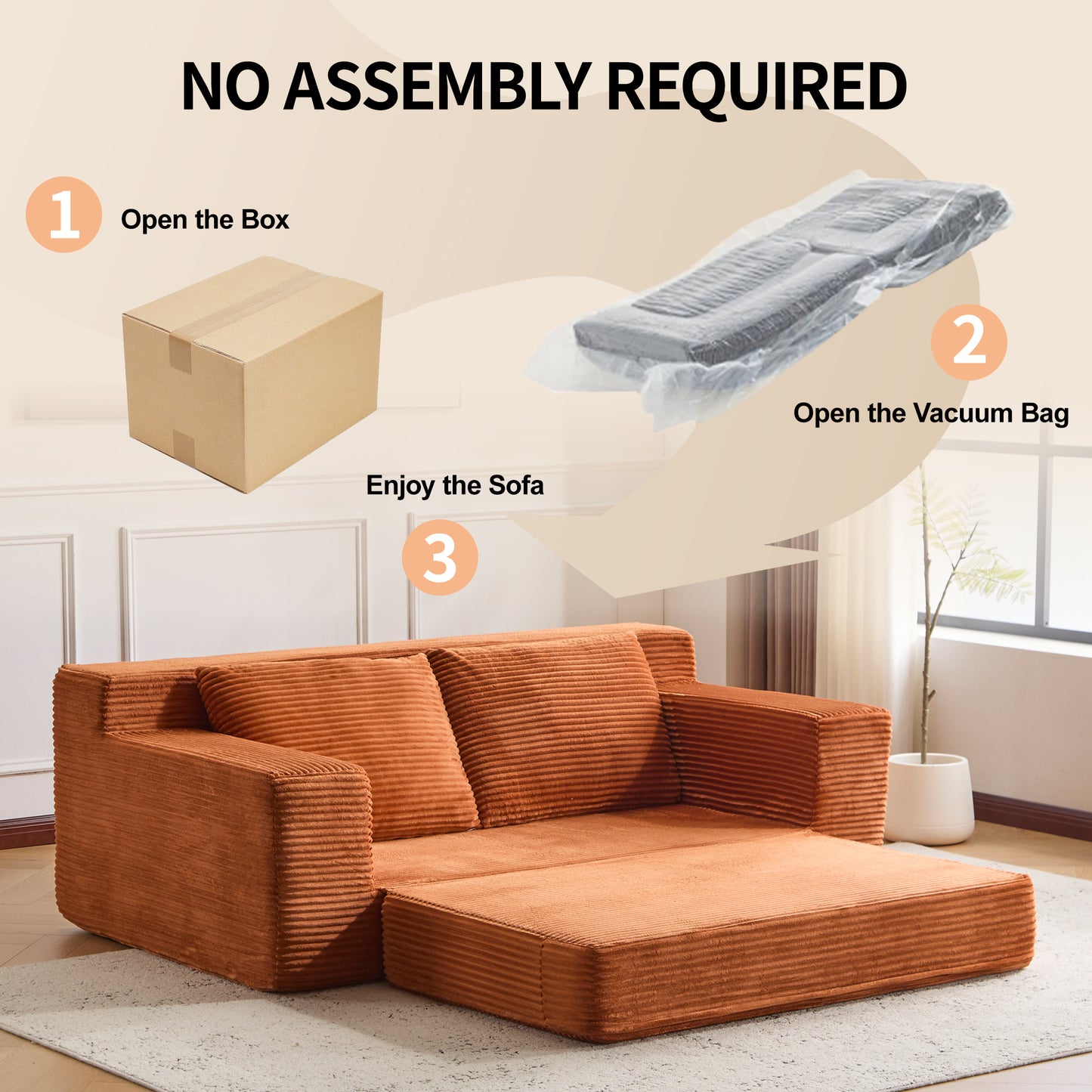 Loveseat Sofa, Comfortable Deep Seat Sofa Bed, Modern Small Corduroy Couch For Living Room Bedroom,Reversible Cushion With Pillows,No Assembly Required,Orange
