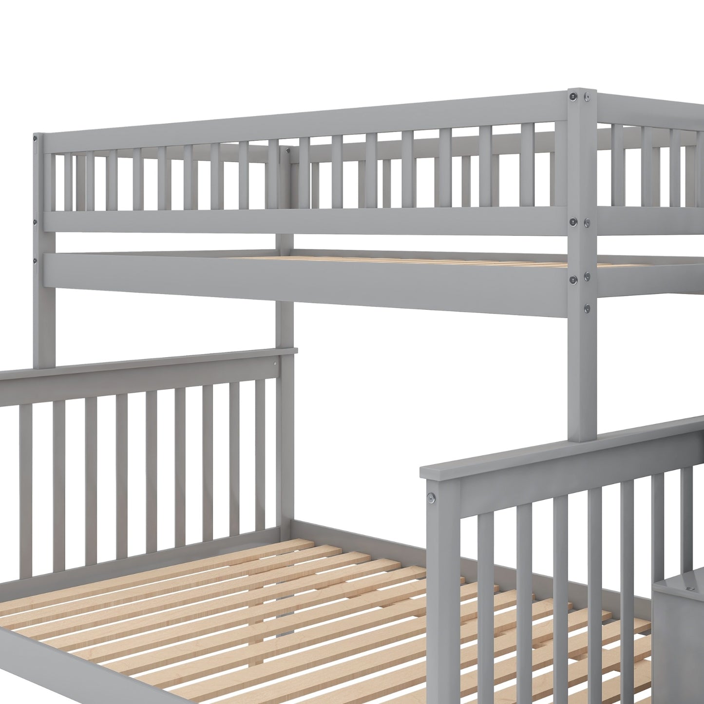 Twin Over Full Bunk Bed With Trundle And Staircase,Gray
