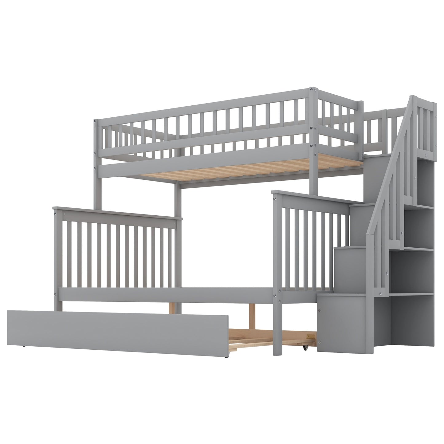 Twin Over Full Bunk Bed With Trundle And Staircase,Gray