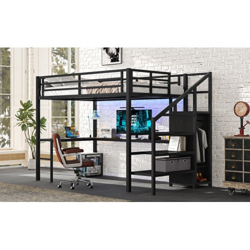 Full Size Loft Bed With L-shaped Desk And USB, Metal Loft Bed With Wardrobe And Adjustable Shelf, High Loft Bed With LED For Kids Teens Adults, Black