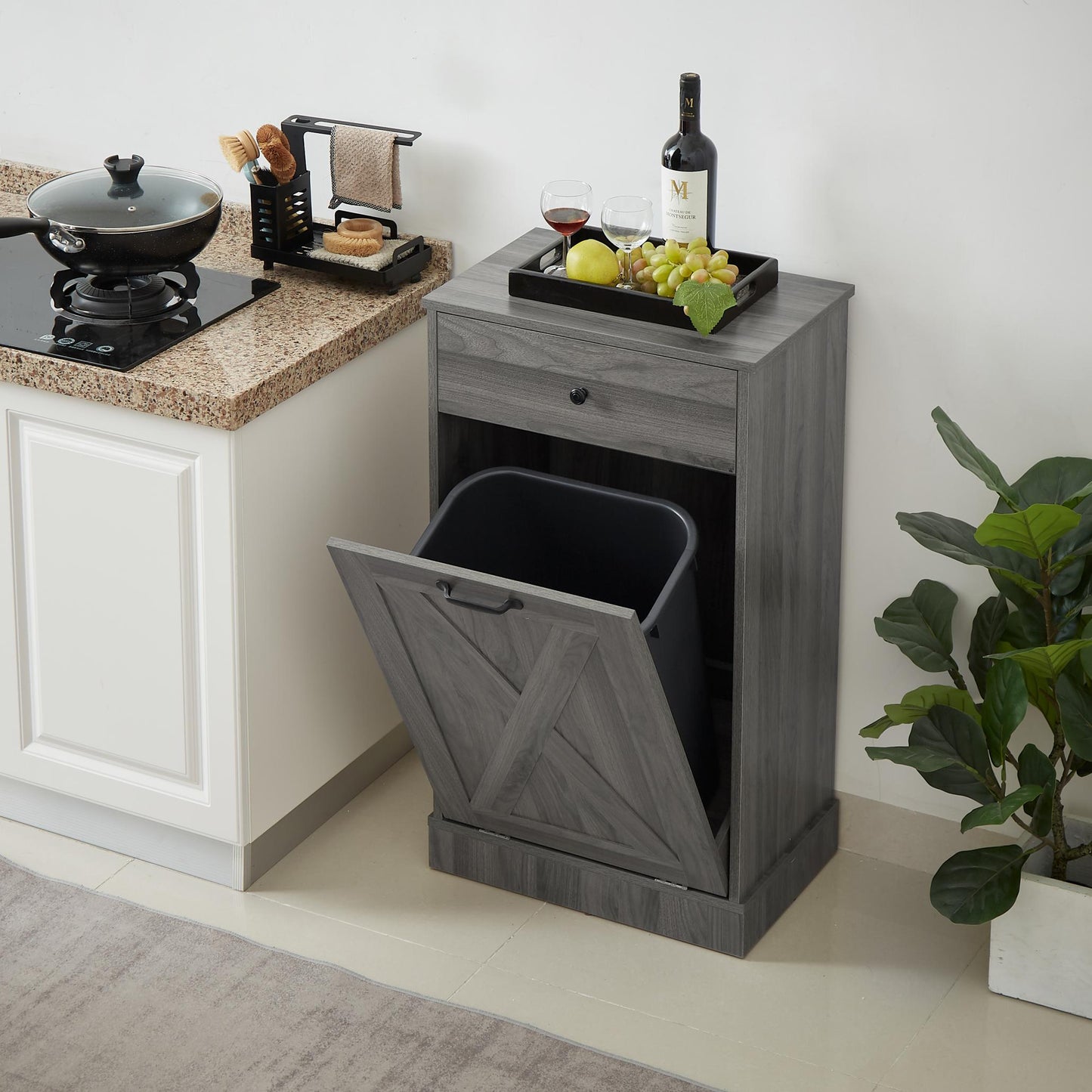 Tilt Out Trash Can Cabinet,Freestanding Wood Recycling Trash Cabinet with Drawer