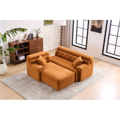 LY-029B WHITE COMPRESSION SOFA Combining Chaise Longue With 3-seater Wood Grain Chenille Fabric, Full Sponge Compression Sofa,combined Sofa With 2 Pillows For Living Home Furniture