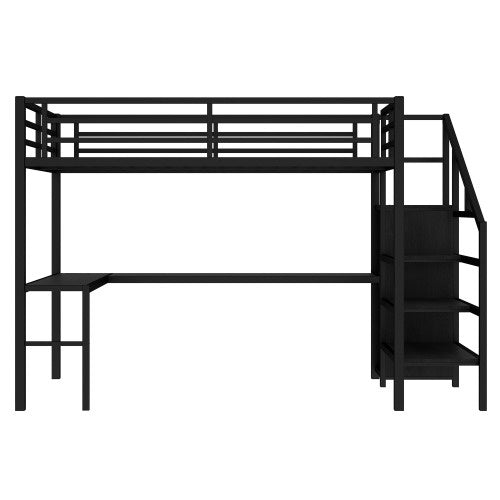 Full Size Loft Bed With L-shaped Desk And USB, Metal Loft Bed With Wardrobe And Adjustable Shelf, High Loft Bed With LED For Kids Teens Adults, Black